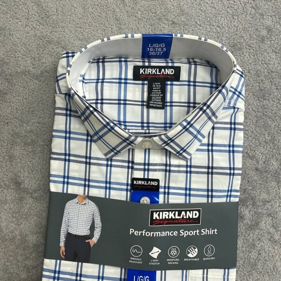 NEW Kirkland Signature Men's L Performance Sport Dress Shirt Blue/White Plaid - Picture 2 of 8